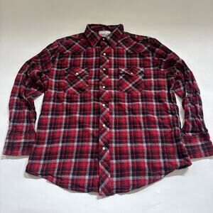 VTG Wrangler Wrancher Cowboy Shirt Men XL Red Plaid Pearl Snap Flannel Western